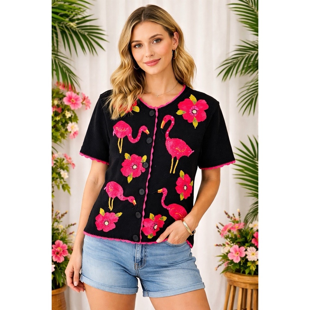 Victoria Harbour Flamingo Cardigan Tropical Cottagecore Beaded L